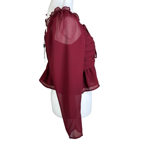 Vigoss Ruffle Chiffon Top Size Large Cherry Red Peplum Rushing Smocked Sheer - Picture 2 of 12